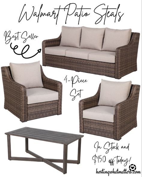 Walmart Patio Steals | Walmart has had some incredible patio furniture the past few years. I’ve tested out various pieces on friend’s patios. This set is my favorite. Love the color, size, number of pieces, and shape of the coffee table. It is priced as a set of 4 pieces! It’s $150 off today and came be shipped! The sell out extremely quickly. If you want to deal act swiftly. If they sell out, I’ll post again when they are in stock. ❤️ #liketkit http://liketk.it/35qxi @liketoknow.it #StayHom Patio Furniture Ideas For Small Patio, Better Homes And Garden Patio Furniture, Affordable Patio Furniture, Long Patio Furniture Layout, Patio Furniture Small Space, Patio Conversation Set Ideas, Pool Furniture Ideas Layout, Deck Furniture Ideas Layout, Farmhouse Patio Furniture