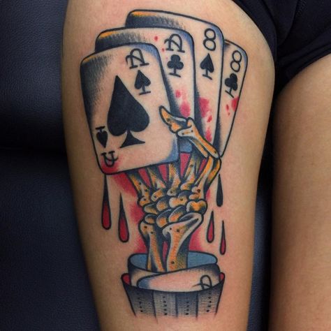 Dead Mans Hand Tattoo, Dead Mans Hand, Traditional Tattoo Reference, Poker Tattoo, Travel Tattoo Ideas, Mans Hand, Playing Card Tattoos, Casino Tattoo, Man Hands