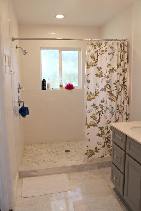 small walk in shower with curtain - Google Search Tile Shower No Glass Door, Roll In Shower Ideas No Door, Small Shower With Window, Shower With Window, Small Architecture, Gray Counter, Standing Shower, Window In Shower, Shower Toilet