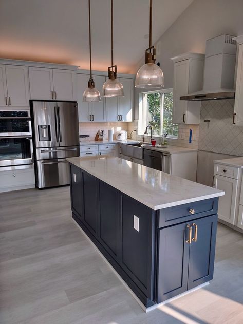 Kitchen nearing completion. Stove is missing, but getting close. Navy island, quartz countertop, brass fixtures. Naval Island Kitchen, Navy Island Kitchen Gray Cabinets, Navy Blue And White Kitchen Ideas, Navy Blue Island Kitchen Grey Cabinets, Navy Island Kitchen, Navy Blue Island Kitchen, Navy And Grey Kitchen, Marble Kitchen Cabinets, White Kitchen Navy Island