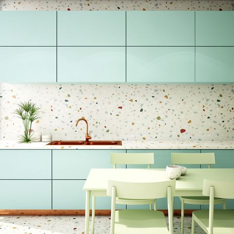 Long-popular in mid-century modern homes, terrazzo has gone mainstream. Find out why the ancient flooring method of terrazzo stands the test of time. Kitchen Terrazzo, Terrazzo Kitchen, Bold Kitchen, Painted Kitchen Cabinets Colors, Terrazzo Tile, Terrazzo Flooring, Tile Inspiration, Kitchen Cabinet Colors, Open Concept Kitchen