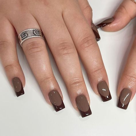 Brown Base French Tip Nails, Brown And Black French Tip Nails, Brown Nails With French Tip, Brown Nails Design Short, Brown Nails French, Brown French, Brown Nails Design, Black French Tips, Short Gel Nails