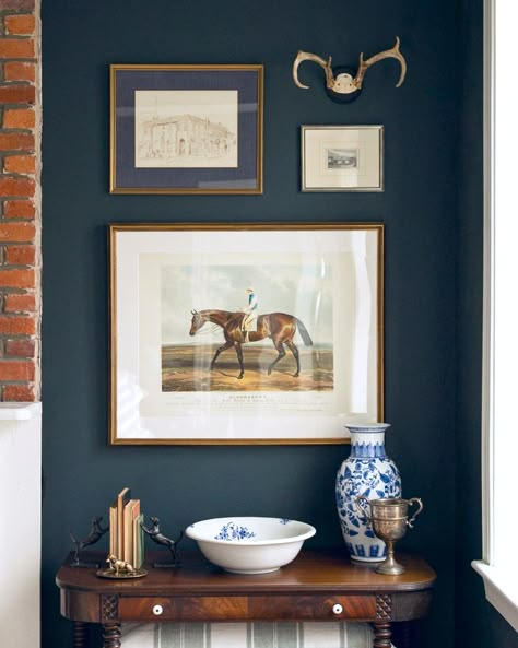 Our house is a constant work in progress, but I think I’m finally done tinkering with this corner of our bedroom! I searched for months to find the right horse print with touches of blue for this space, and discovered "Bloomsbury" by Charles Hancock – the perfect nod to my favorite #plainbay Thoroughbred. 🐎 Coastal Equestrian Decor, Traditional Western Home Decor, Equestrian Room Ideas Bedrooms, Equestrian Bedroom Ideas, Equestrian Artwork, Equestrian Chic Decor, Equestrian Interior, Equestrian Bedroom, Equestrian Home Decor