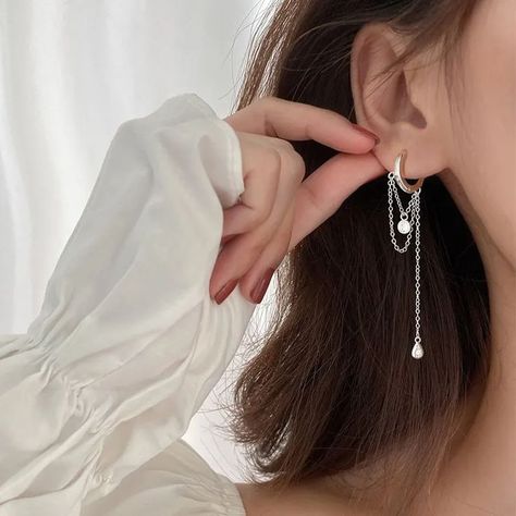 Long Tassel Earrings, Silver Ear Cuff, Wedding Party Jewelry, Trendy Earrings, 925 Sterling Silver Chain, Drop Pendant, Ear Jewelry, Elegant Jewelry, Minimalist Earrings