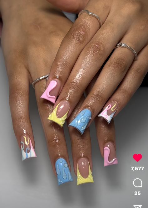 Dental Nails Designs, Freestyle French Tip Nails Short, Short French Tip Freestyle Nails, Back To School Duck Nails, Short French Tip Acrylic Nails Freestyle, Short Square Acrylic Nails Colorful French Tip, Croc Print French Tip Nails Short, French Tips Colorful, Notebook Nails