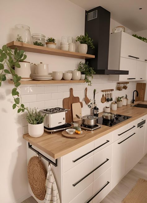 Cozy Kitchen Apartment, Kitchen Soft Aesthetic, Beige Aesthetic Apartment Kitchen, Kitchen Inspo Aesthetic, Minimalistic Home Aesthetic, Small Kitchen Interior, Kitchen Aesthetic, Apartment Inspiration Kitchen, Cozy Kitchen Aesthetic