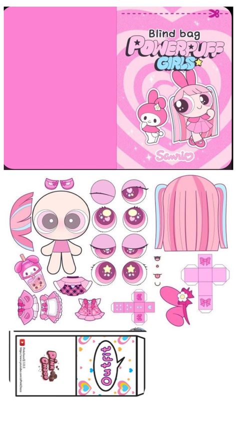 My Melody Paper Squishy, Paper Doll Blind Bag, Kawaii Paper Crafts Printable, My Melody Paper Craft, My Melody Paper Doll, Blind Box Template, How To Make Blind Bags, Paper Doll Room, Printable Paper Toys Templates