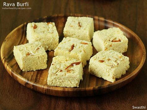 rava burfi is a delicious Indian sweet made with semolina, sugar and ghee. #ravaburfi #diwalisweetsrecipes Diwali Receipes, Ramadan Cakes, Almond Fudge Recipe, Suji Recipe, South Indian Sweets, Diwali Mithai, Barfi Recipe, Diwali Sweets Recipe, Semolina Flour