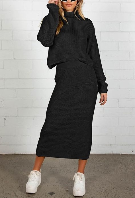 Knit Set Outfit, Workout Skirt Outfit, Sweater Sets Womens, Sweater Skirt Outfit, Pencil Dress Outfit, Long Knit Skirt, Knit Skirt Outfit, 2 Piece Sweater, Skirt Set Outfit