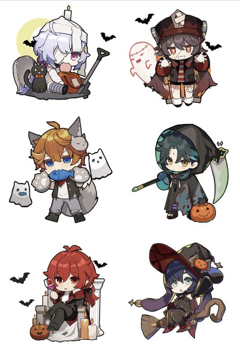 Halloween Chibi Drawing, Chibi Genshin Impact Characters, Genshin Impact Chibi Stickers, Genshin Halloween Pfp, Chibi Anatomy, Genshin Halloween, Genshin Impact Halloween, Genshin Impact Chibi, Chibi Halloween