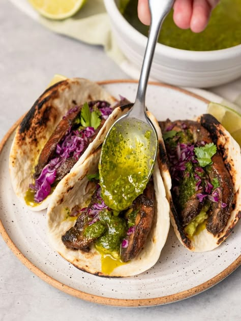 Vegan Mushroom Tacos Recipes, Portobello Mushroom Tacos, Mushroom Taco Meat, Cilantro Chimichurri Sauce, Portobello Tacos, Cilantro Chimichurri, Mushroom Tacos, Homemade Chipotle, Chipotle Seasoning