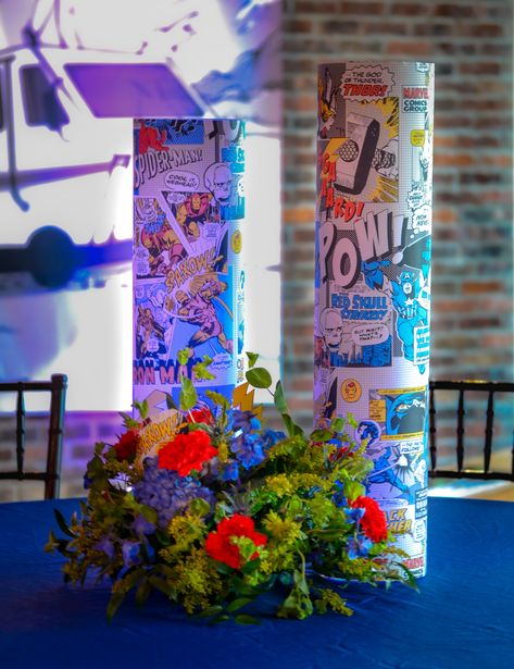 Super Hero Centerpiece, Branded Centerpieces, Comic Book Party Decorations, Book Wedding Centerpieces, Non Floral Centerpieces, Bar Mitzvah Themes, Comic Book Wedding, Book Centerpieces, Marvel Party