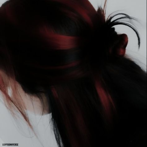 Red Black Hair Aesthetic, Black And Red Hair Aesthetic, Dark Red Hair Aesthetic, Calypso Aesthetic, Hair Aesthetic Faceless, Red Hair Ponytail, Ruby Red Hair, 4 Horsemen, Crimson Hair