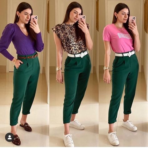 Green Pantalon Outfit, Green Pants Outfit, Teal Jeans, Dark Green Pants, Casual Oufits, Green Chinos, Green Trousers, Outfit Mujer, Purple Outfits