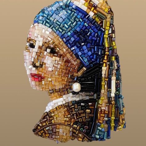 Handmade beaded brooch Famous painting Portrait made of beads Gift idea for unusual lovers Portrait Embroidery, Tambour Embroidery, Painting Portrait, Hand Embroidery Art, Pearl Earring, Brooches Handmade, Beaded Brooch, Bead Embroidery, Bead Art