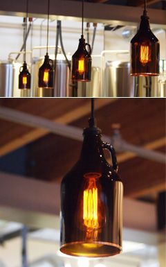 growler lights or lights made with amber glass Growler Decor, Taproom Ideas, How To Brew Beer, Brewery Interior, Brewery Decor, Beer Crafts, Spending Budget, Brewery Taproom, Glass Garage