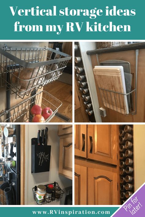 Wall storage ideas for organizing the kitchen of a #camper, #RV, #motorhome, or #traveltrailer Rv Kitchen Storage, Camper Storage Ideas Travel Trailers, Rv Diy, Travel Trailer Organization, Trailer Organization, Ideas For Organizing, Rv Camping Checklist, Camper Kitchen, Kitchen Storage Ideas