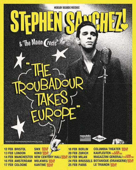 Europe! You’ve been far too kind to us 💋. The boys & I can’t wait to see you all in February. Zurich & Milan, don’t miss your chance! | Instagram Stephen Sanchez Poster, Stephan Sanchez, Stephen Sanchez, Why I Run, Album Cover Ideas, Posters To Print, Lisa Lisa, Dorm Stuff, A Soulmate