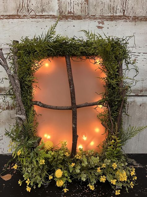 Woodland Outdoor Decor, Fairy Window, Fairy Windows, Diy Fairy Window, Fairy Windows Diy, Diy Fake Window Light, Fairy Garden Windows, Wire Tree With Lights, Fairy Windows On Trees