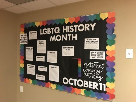 How to be an ally to the LGBTQ+ community + National Coming Out Day on October 11 Pride Classroom Door Ideas, Lgbtq History Month Bulletin Board, Lgbtq Decoration Ideas, Gsa Bulletin Board Ideas, Lgbtq Bulletin Board Ideas, Pride Month Bulletin Board Ideas, Pride Bulletin Board Ideas, Pride Bulletin Board, Pride Month Bulletin Board