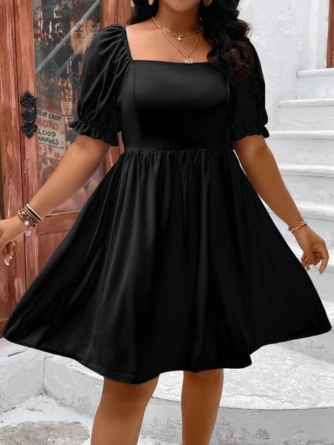 Plus Square Neck Puff Sleeve Dress | SHEIN USA Square Neck Frock Designs, Plus Size Graduation Dress, Square Neck Puff Sleeve Dress, Dress For Chubby, Black Frock, Senior Stuff, Diy Fashion Scarf, Short Frock, Short Noir