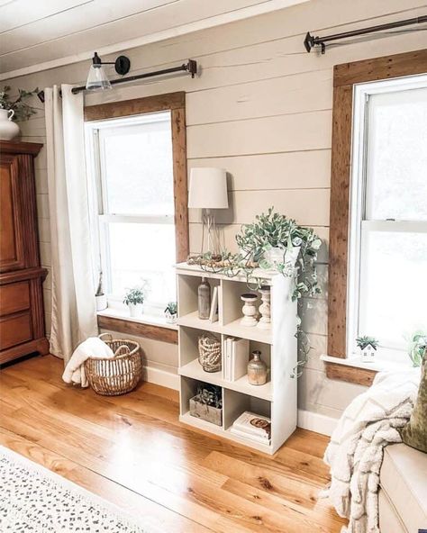 Trim On Shiplap Walls, Baseboard Trim Ideas, Wood Window Trim, Stained Wood Trim, Farmhouse Trim, White Baseboards, Baseboard Trim, Trim Ideas, White Shiplap Wall