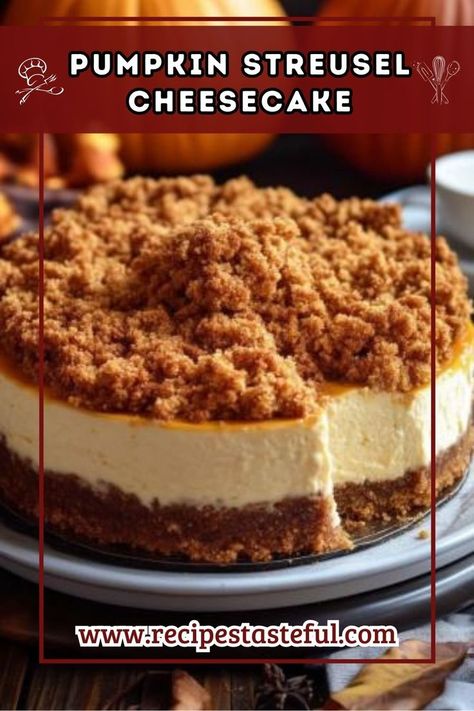 Indulge in the creamy goodness of Pumpkin Streusel Cheesecake with a Biscoff cookie crust, spiced brown sugar filling, and a delightful streusel topping. Perfect for fall gatherings or holiday celebrations! Pumpkin Streusel, Pumpkin Spice Cheesecake, Pumpkin Cheesecake Recipes, Sugar Pumpkin, Kinds Of Desserts, Streusel Topping, Cookie Crust, Dessert Dishes, Pumpkin Cream