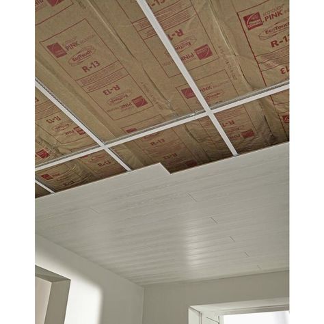 Armstrong Ceilings (Common: 84-in X 5-in; Actual: 84-in x 5-in) WoodHaven 10-Pack Classic White Faux Wood Surface-mount Plank Ceiling Tiles at Lowes.com Ceiling Planks, Ceiling Remodel, Basement Decoration, Drop Ceiling Tiles, Dream Basement, Armstrong Ceiling, Basement Remodel Diy, Plank Ceiling, Ceiling Grid