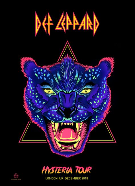 With an upcoming gig in London, I decided to put together a tribute poster for the mighty Def Leppard. The concept behind the poster was to create a neon leopard. I used a similar colour scheme to the Hysteria album cover, as the band were on tour celebrating its 30th anniversary. Def Leppard Album Covers, 80s Band Posters, Def Leppard Aesthetic, Scorpion Poster, Def Leppard Poster, Def Leppard Wallpaper, 80s Album Covers, Def Leppard Logo, Band Covers