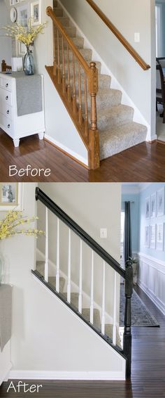 Tiny House Stairs Ideas, Painted Stair Railings, Staircase Molding, Stair Railing Makeover, Stairs Trim, Stairs In Kitchen, Wrought Iron Stair Railing, Stair Banister, Tiny House Stairs