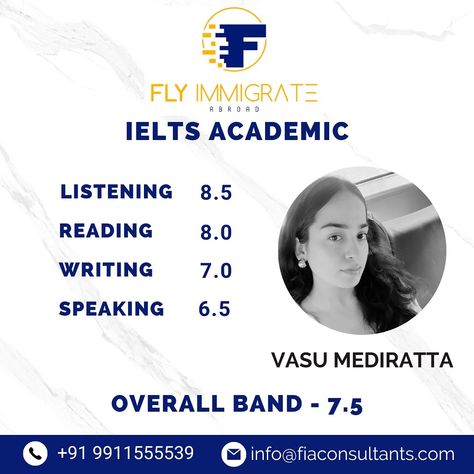 Congratulations @vasumediratta – IELTS Academic Achiever with an overall band of 7.5! 🚀 Excelling in Listening (8.5), Reading (8.0), Writing (7.0), and Speaking (6.5). We wish her all the success in her future endeavors as she pursues her studies in Canada! 🇨🇦 #ieltsacademic #ieltstips #ieltswriting #ieltsreading #ieltsspeaking #ieltslistening #studyvisa #studyincanada #offlineieltsclasses #onlineieltsclasses #joinnow #fiaconsultants #paschimvihar #newdelhi Academic Achiever, Ielts Academic, Ielts Listening, Ielts Tips, Ielts Reading, Ielts Writing, Writing, Reading, Band