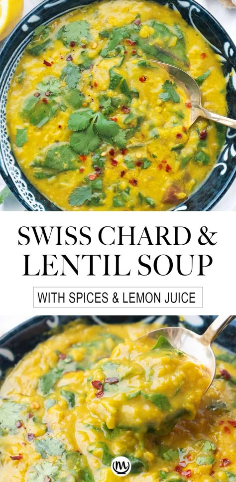 Swiss Chard Soup, Soup With Lentils, Chard Soup, Dinner Tomorrow, Red Lentil Recipes, Swiss Chard Recipes, Vegan Lentil Soup, Chard Recipes, Csa Recipes