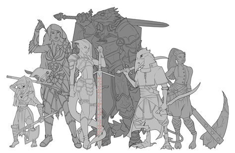 [OC] [Art] Finished the ink work on all the characters in my D&D group! Colors to come soon! Fantasy Group Pose Reference, Character Group Art, Group Of Characters Art, D&d Group Art, Oc Group Poses, Character Group Poses, Dnd Group Pose Reference, Group Art Reference, Dnd Group Art