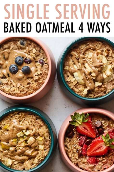 Here's how to make individual portions of baked oatmeal with four fun flavor variations: strawberry chocolate chip, blueberry, apple cinnamon and banana nut. Baked Apple Oatmeal, Banana Baked Oatmeal, Baking Powder Uses, Baked Oatmeal Recipes, Diet Smoothie Recipes, Lost 100 Pounds, Healthy Food Facts, Quit Drinking, Strawberry Chocolate