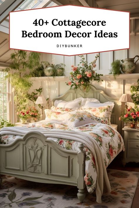 Transform your bedroom into a cozy cottagecore retreat with floral prints, vintage furniture, and soft, pastel hues, evoking a sense of rustic charm and nostalgia. Embrace the whimsical and romantic aesthetic of cottagecore with delicate lace accents, cozy quilts, and natural elements to create a serene and enchanting space inspired by the beauty of the countryside. Floral Bedroom Ideas Vintage, Vintage Botanical Bedroom Ideas, Floral Cottage Bedroom, Cottage Homes Interior Bedrooms, Cottagecore Guest Bedroom, Grandma Chic Bedroom, Cottage Style Bedroom Ideas, Country Cottage Bedroom Ideas, Bedroom Vintage Aesthetic