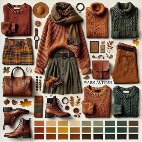 Fall Colour Outfits, Autumn Colour Capsule Wardrobe, Warm Fall Color Palette Outfits, Fall Cottage Outfits, Autumn Must Haves Outfits, True Autumn Winter Outfits, Hobbit Capsule Wardrobe, Fall Color Combos Outfits, Homemaker Aesthetic Outfits