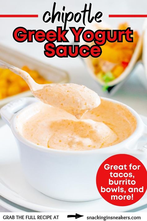 Chipotle greek yogurt sauce in a small bowl, with tacos in the background. Greek Yogurt Dipping Sauce, Sauce For Tacos, Burrito Sauce, Taco Sauce Recipes, Chipotle Pepper Sauce, Greek Yogurt Sauce, Yogurt Marinade, Greek Yogurt Dips, Protein Yogurt