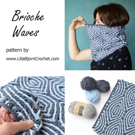 Brioche Waves crochet pattern can be used for everything: blankets, cowls, scarves, trivets, potholders, rugs... you name it. The pattern comes in two versions: "airy" with holes and well draped, and "overlay" which creates a firm and sturdy fabric. Originally designed by www.lillabjorncrochet.com Brioche Crochet, Brioche Pattern, Brioche Knitting, Brioche Stitch, Tunisian Crochet Patterns, Crochet Cowl Pattern, Crochet Scarf Pattern Free, Crochet Cushion Cover, Manta Crochet