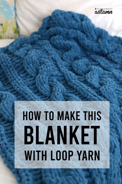 You can make this chunky cable knit blanket using just your fingers! Loop yarn makes it easy to finger knit a blanket. Finger Knitting Blankets, Knit A Blanket, Cable Knit Blanket, Chunky Yarn Blanket, Loopy Yarn, Yarn Animals, Finger Knitting Projects, Finger Knit, Diy Knit Blanket