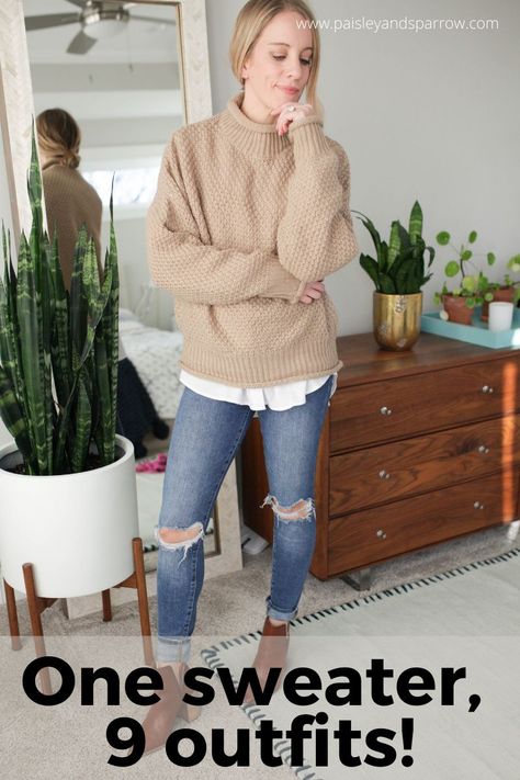 Looking for outfit inspiration? Here are 9 ways to style one oversized sweater! Casual to dressy, great for date nights or hanging at home! Styling Oversized Sweaters, Bulky Sweater Outfit, How To Style Oversized Sweaters, How To Style An Oversized Sweater, Oversize Sweater Outfit, Sweater Shirt Outfit, Midi Skirt Boots, Oversized Sweater Outfits, Beige Sweater Outfit