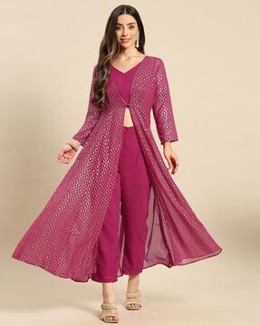 Check out Mabish By Sonal Jain Pants Suit Set with Printed Jacket on AJIO's ongoing All Stars Sale! Long Jacket Pattern Indian Dress, Shrug Suits Indian, Kurta With Shrug For Women, Georgette Shrug Long, Long Jacket Style Suits For Women Indian, Shrug Set For Women, Crop Top With Shrug And Pant, Pant Blouse With Shrug, Pant Crop Top And Jacket Indian