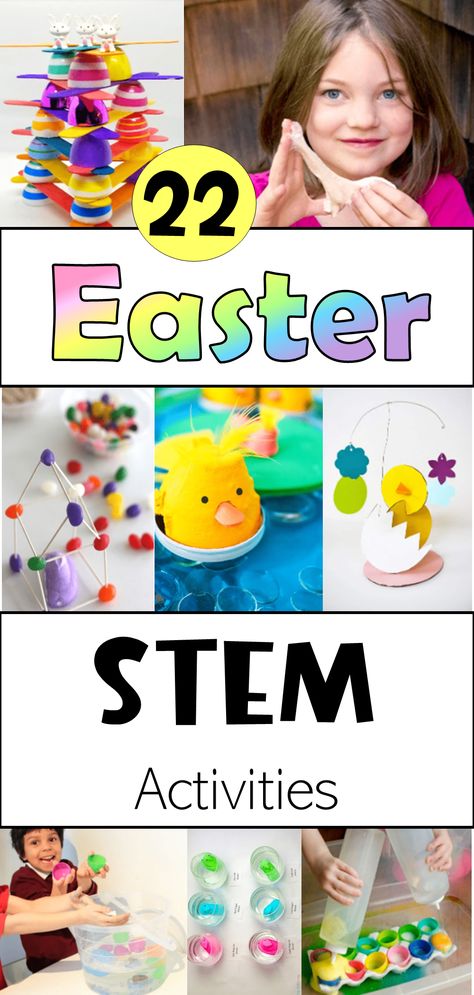 The pin says 22 Easter STEM activities and shows eight pictures of kids doing experiments and activities such as building with plastic eggs and jelly beans, science experiments and candy slime. Easter Steam, Easter Stem Activities, Spring Stem Activities, Wood Sprite, Easter Homeschool, Prek Themes, Kids Experiments, Easter Stem, Library Makerspace