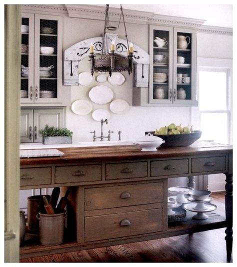 Follow The Yellow Brick Home - Kitchen Island Inspiration: Euro-Inspired Farmhouse Work Tables and Pastry Tables – Follow The Yellow Brick Home Kitchen Island That Looks Like Furniture, Baking Island, Kitchen Island Inspiration, Pastry Table, Antique Kitchen Island, Narrow Kitchen Island, Double Island, Farmhouse Island, Old Tables