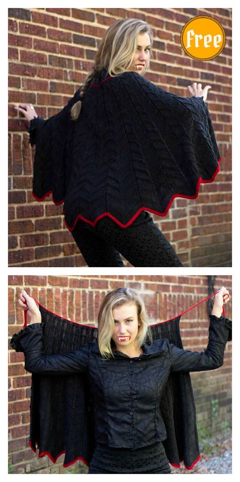 Bat Cape Free Knitting Pattern #freeknittingpattern #halloween #halloweencostumes Bat Cape, Vampire Outfits, Knitted Cape Pattern, Halloween Knitting Patterns, Halloween Knitting, Vampire Clothes, Universal Yarn, Knitted Cape, I Cord