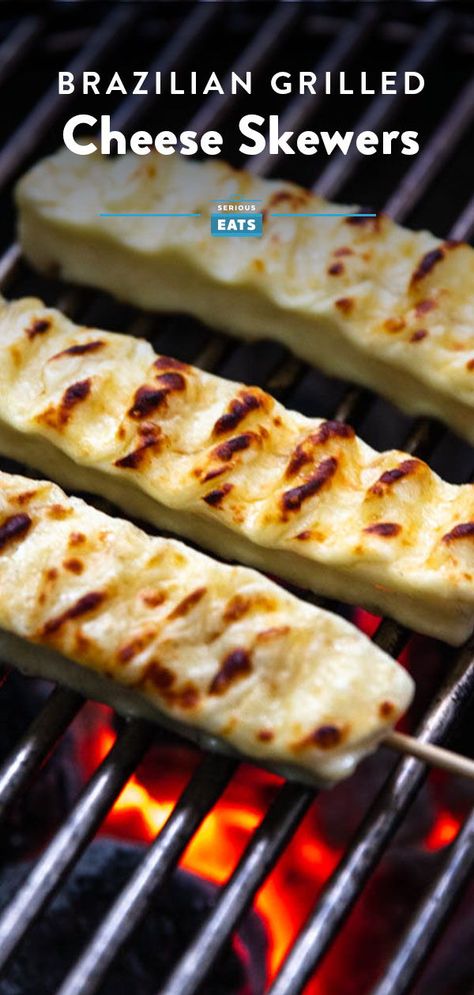 Grilled Brazilian Cheese Skewers (Espetinhos de Queijo de Coalho) | These skewered cheese sticks use a type of cheese that holds its shape even as it softens in the heat of a grill, yielding a golden-brown and crispy exterior and a near-molten interior. When the skewers are done, you can flavor them as desired, dressing them with dried oregano, an oil-and-garlic mixture, or aioli. (In Brazil, a similar sauce called molho de alho is often used.) #brazilianfood #grilledcheese Brazilian Grilled Cheese And Honey, Cheese Skewers, Grilled Skewers, Bday Plans, Brazilian Bbq, Brazilian Steakhouse, Skewers Grill, Skewer Recipes, Popular Snacks