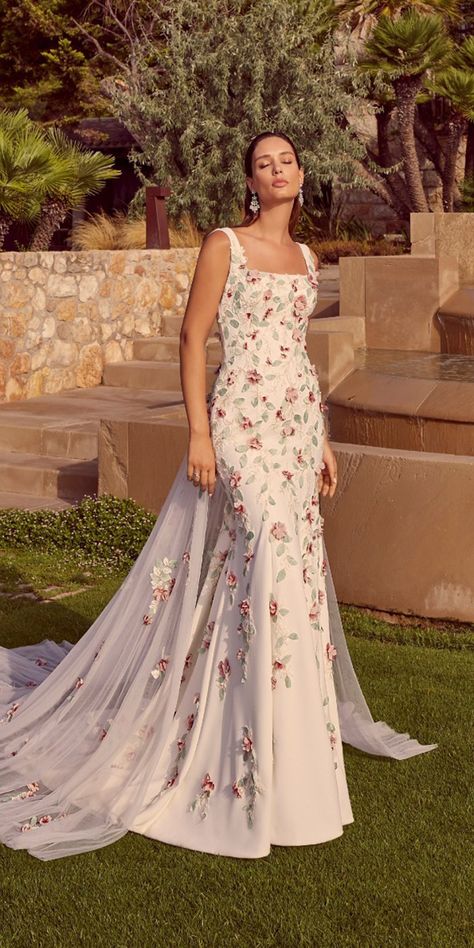 Floral Wedding Dresses For Magic Party ★ #bridalgown #weddingdress Multicolor Wedding Dress, Flowery Wedding Dress, Floral Wedding Dresses, Floral Lace Wedding Dress, Multicolor Wedding, Floral Wedding Gown, Magic Party, Flowery Dresses, Spring Decorations