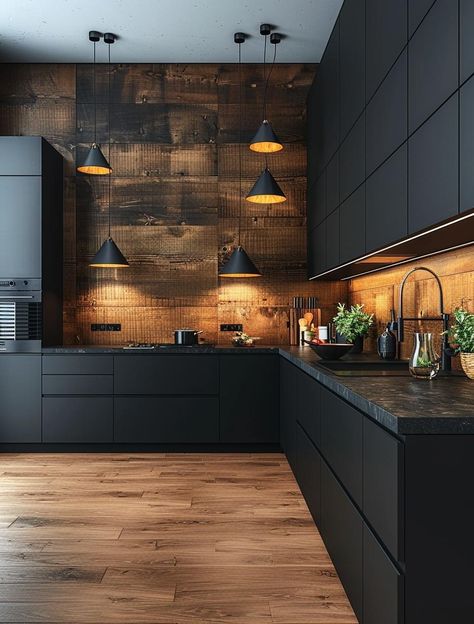 Dark And Moody Kitchen, Dark Moody Kitchen, Dark Home Aesthetic, Dark Wood Kitchen Cabinets, Moody Kitchen, A Touch Of Darkness, Touch Of Darkness, Kitchen Styling Modern, Wooden Panelling