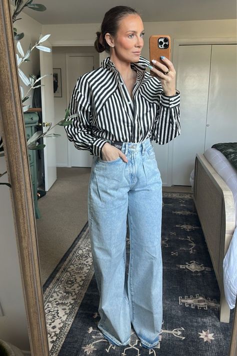 Looking for casual work outfit ideas? Look no further than this cute smart casual look! This is my favorite workwear for the office – a striped boyfriend button-up top and trendy baggy jeans. This look is also great for the fall season and for daily wear as it’s super versatile and easy to style. Don’t miss out on adding these must-have pieces to your wardrobe today! Angela Lanter. Work Outfits Women Casual Fashion Outfits, Angela Lanter, Jeans Outfits, Casual Work Outfit, Chic Casual, Formal Style, Work Outfits Women, Outfits Women, Casual Style Outfits