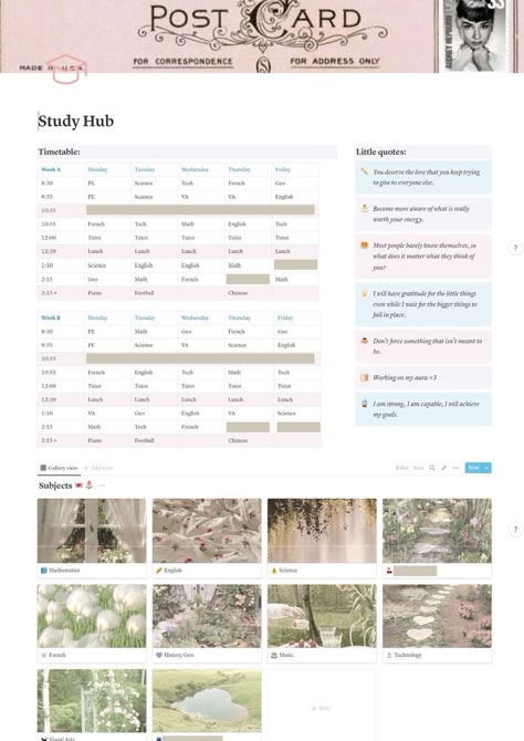 Notion Ideas College, Notion Aesthetic For School, Notion Subject Page, Hobbies Notion Template, Fun Notion Templates, Notion Study Room, Study Page Notion, Notion Study Page, Academic Notion Aesthetic