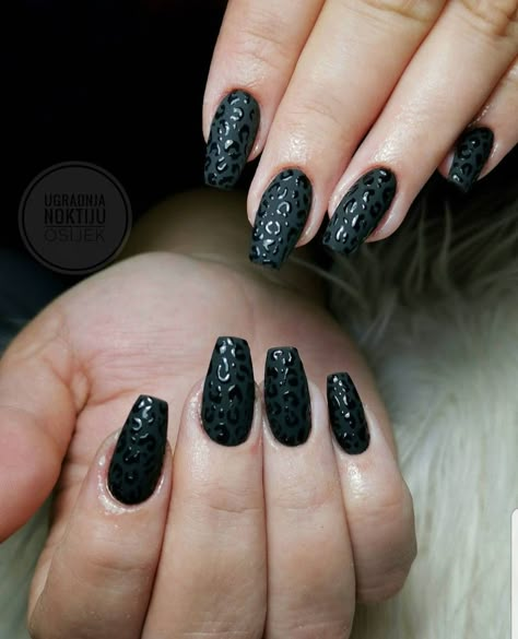 Winter 2021 black leopar nails matte and shine simple Black Leopard Nails Coffin, Black On Black Leopard Nails, Matte Black Nails With Cheetah Print, Black With Leopard Nails, Black Nails Cheetah Print, Black Nails With Leopard Accent Nail, Black Cheetah Nail Designs, Black Matte Cheetah Nails, Matte Black Leopard Nails